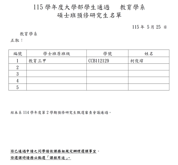 【公告】115預修研究生甄選通過名單圖片